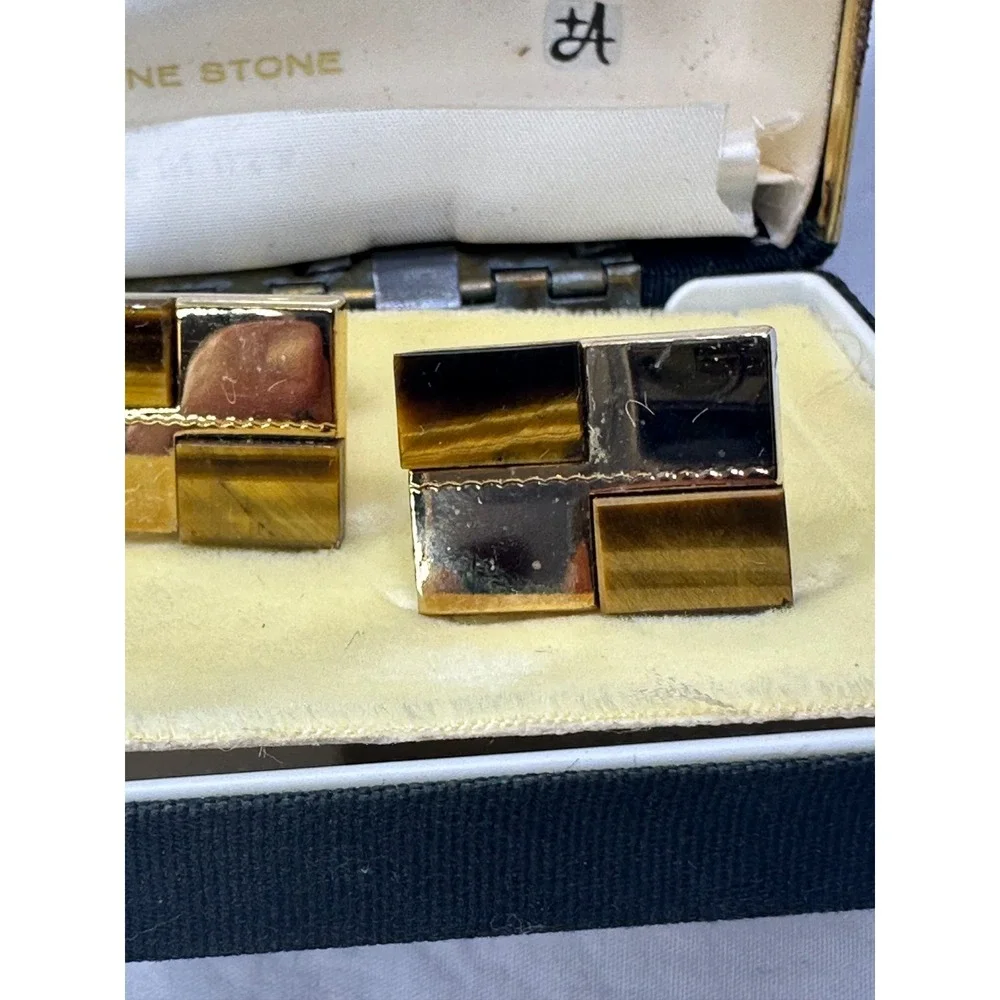 Anson Cufflinks Tie Tack Set Tigers Eye Gold Tone Brown Rectangle Boxed VTG